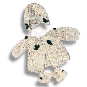 Vintage White W/Flowers Baby Coat Hat Booties Set Handmade Crochet Clothing